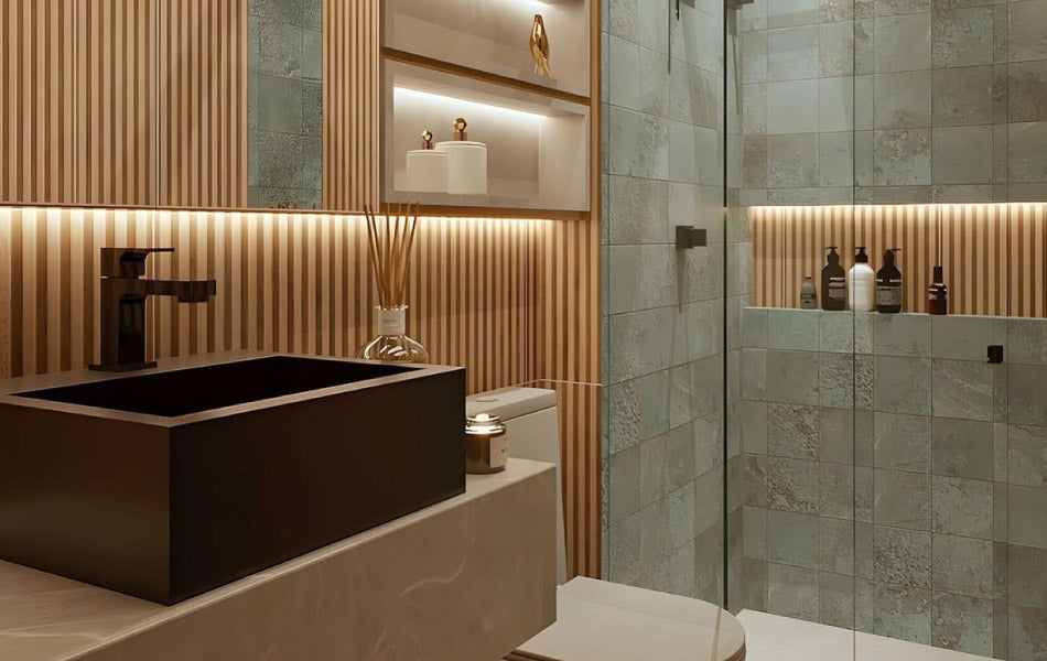 baie moderna cu lavoar si baie neagra, riflaje si iluminare LED