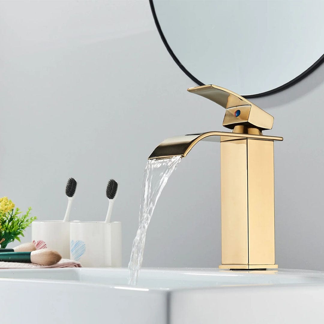 Bateria pentru lavoar, curgere tip cascada, auriu lucios, cod 1632