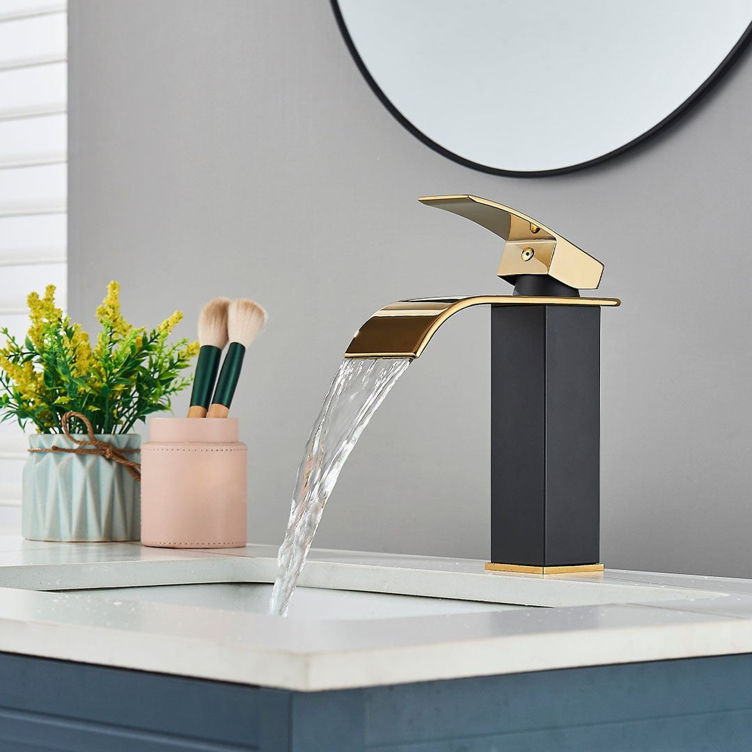 Bateria pentru lavoar, curgere tip cascada, auriu lucios/negru mat, cod 1634