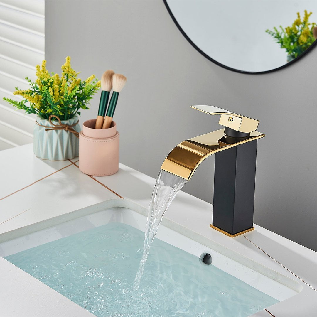 Bateria pentru lavoar, curgere tip cascada, auriu lucios/negru mat, cod 1634