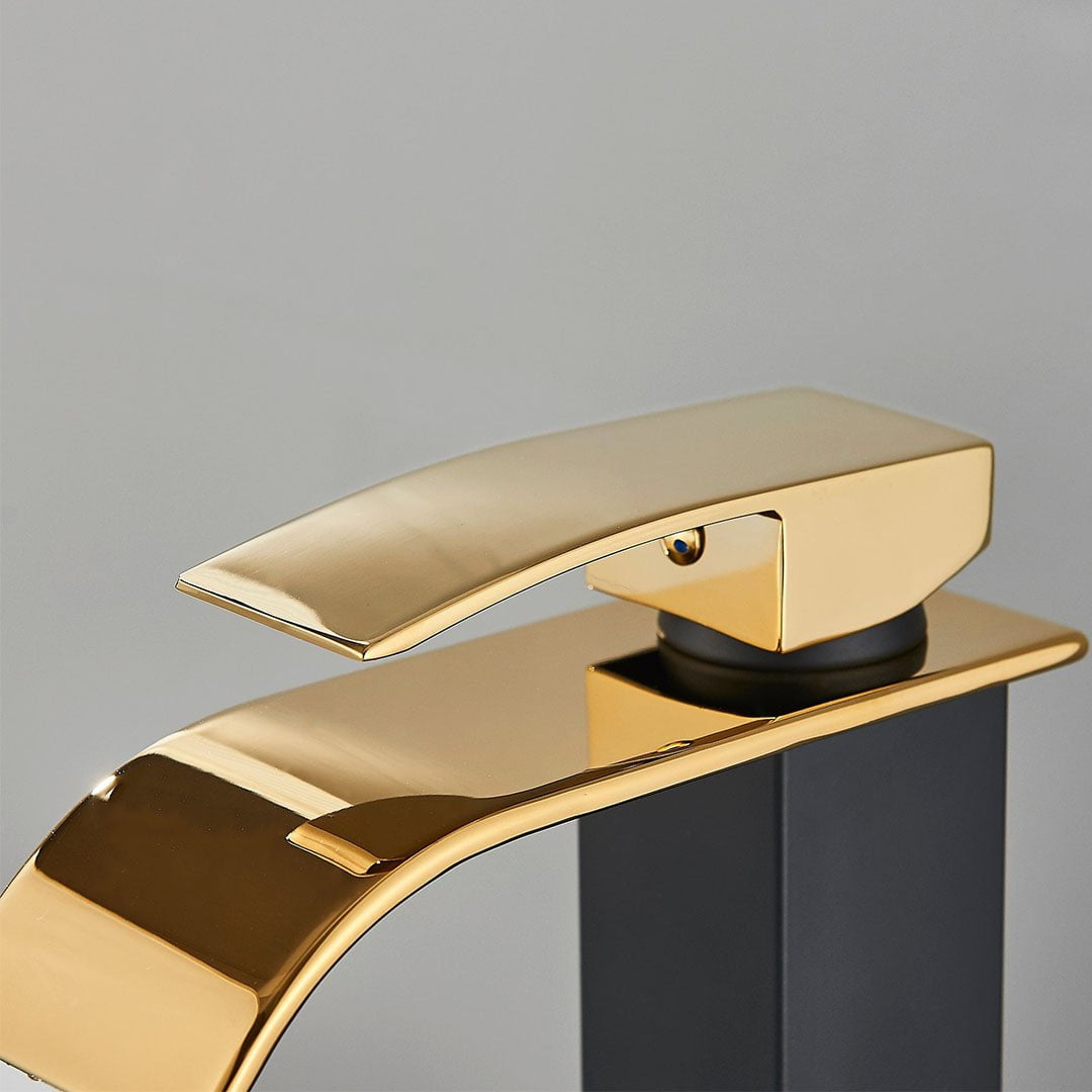 Bateria pentru lavoar, curgere tip cascada, auriu lucios/negru mat, cod 1634