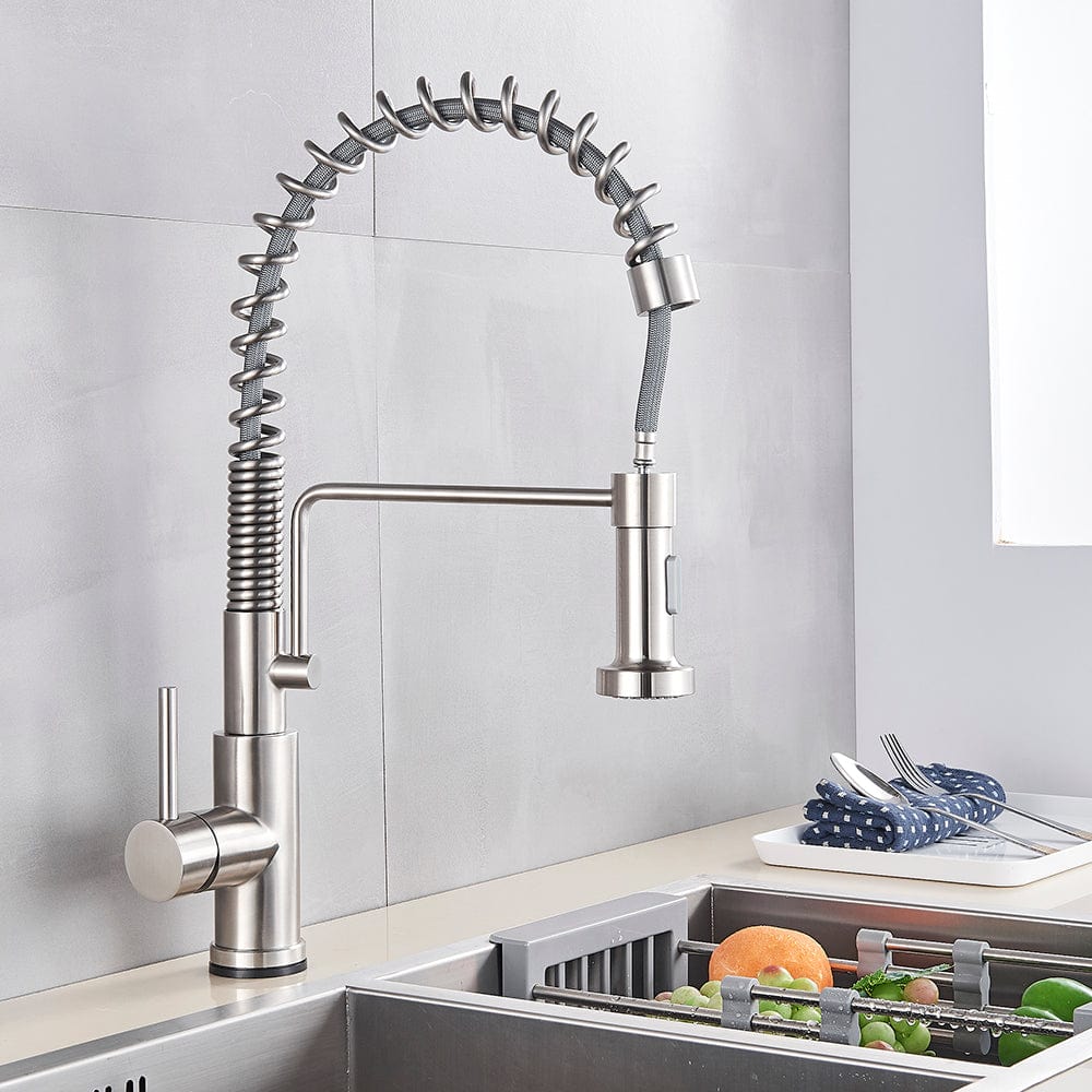 Bateria profesionala pentru bucatarie Heim Chrome, cu 2 functii de curgere, dus extractibil, senzor tactil de pornire/oprire, argintiu nichelat, cod 1392