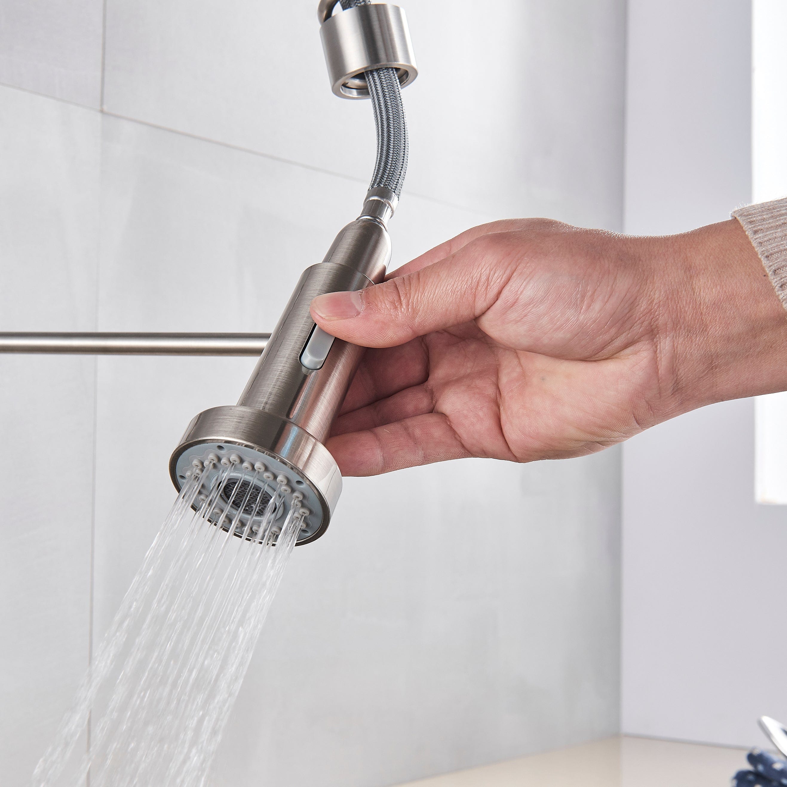 Bateria profesionala pentru bucatarie Heim Chrome, cu 2 functii de curgere, dus extractibil, senzor tactil de pornire/oprire, argintiu nichelat, cod 1392