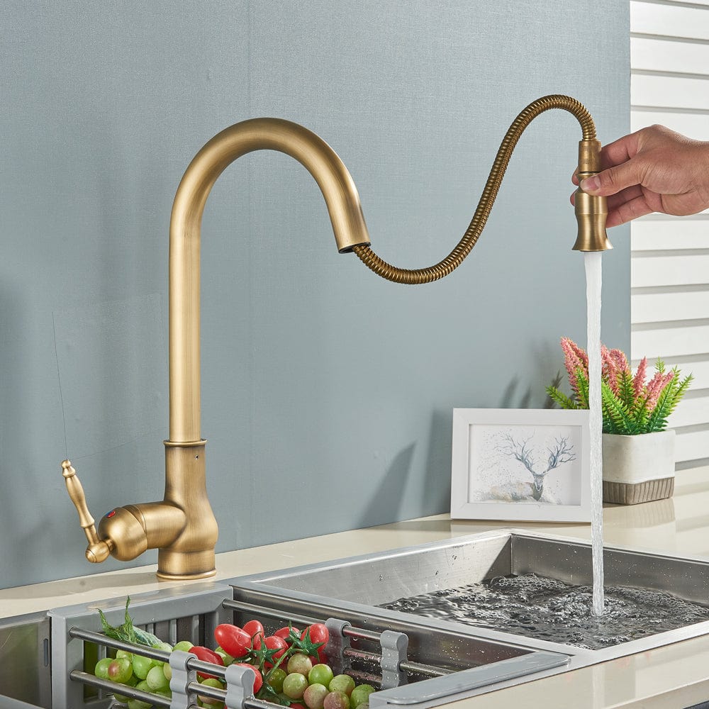 Bateria profesionala pentru bucatarie, o functie de curgere, dus extractibil, auriu antichizat, cod 1511