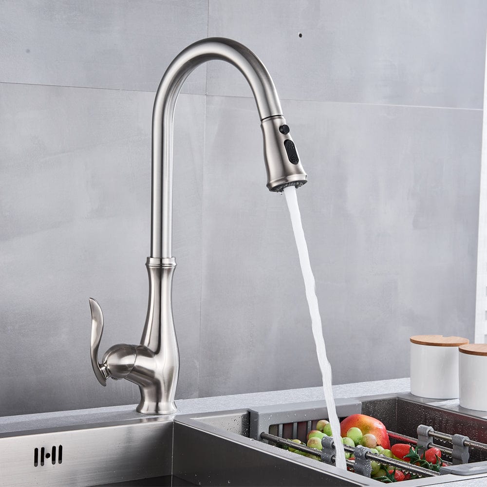 Bateria profesionala pentru bucatarie Shein, cu 2 functii de curgere, dus extractibil, argintiu nichelat, cod 1387