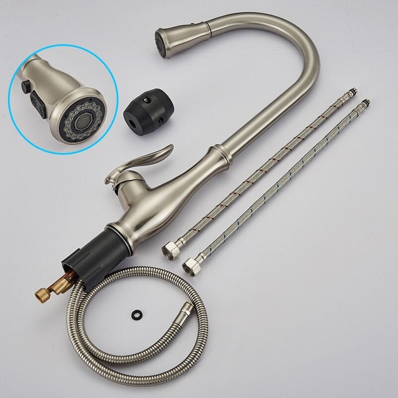 Bateria profesionala pentru bucatarie Shein, cu 2 functii de curgere, dus extractibil, argintiu nichelat, cod 1387