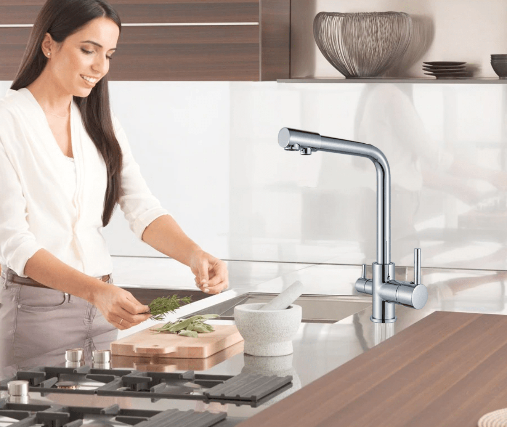 Baterie bucatarie cu 3 cai pentru filtru de purificare, argintiu cromat, cod 1210