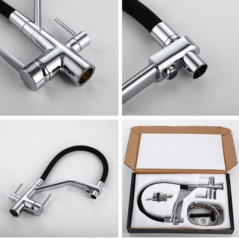 Baterie bucatarie cu 3 cai pentru filtru de purificare, argintiu cu negru, cod 1217