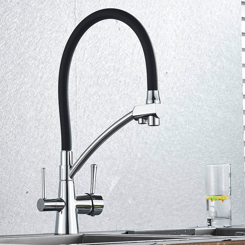 Baterie bucatarie cu 3 cai pentru filtru de purificare, argintiu cu negru, cod 1217