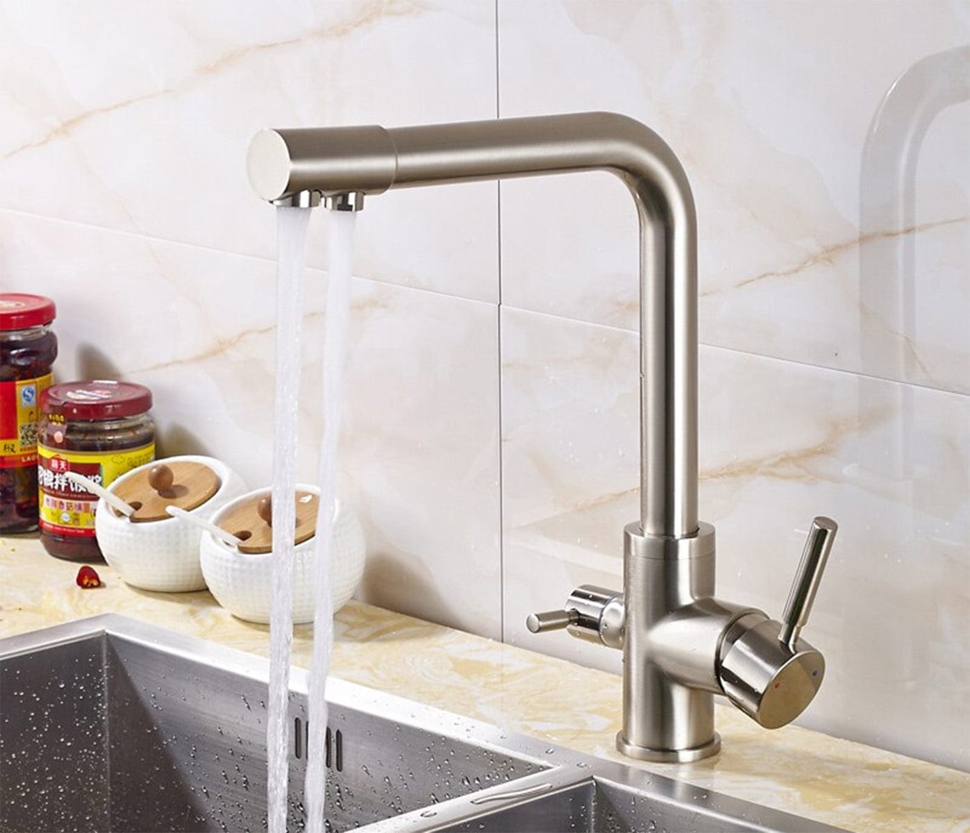 Baterie bucatarie cu 3 cai pentru filtru de purificare, argintiu nichelat (semi-lucios), cod 1213