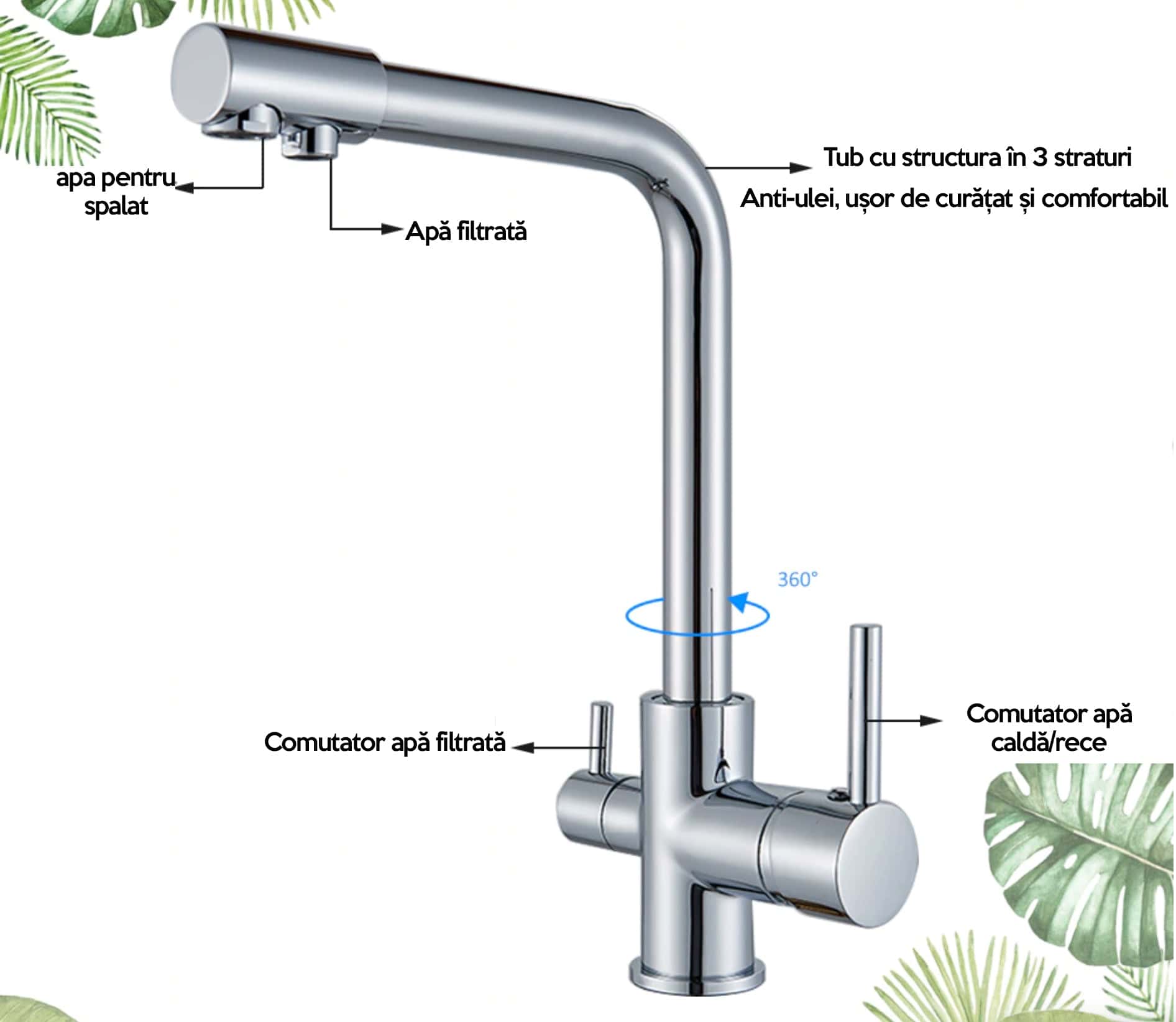 Baterie bucatarie cu 3 cai pentru filtru de purificare, argintiu nichelat (semi-lucios), cod 1213