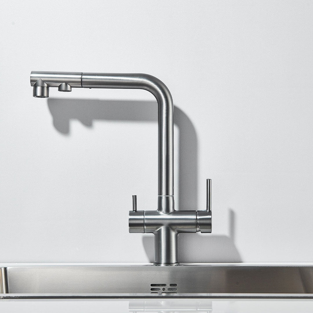 Baterie bucatarie cu 3 cai pentru filtru de purificare, argintiu periat, cod 1664