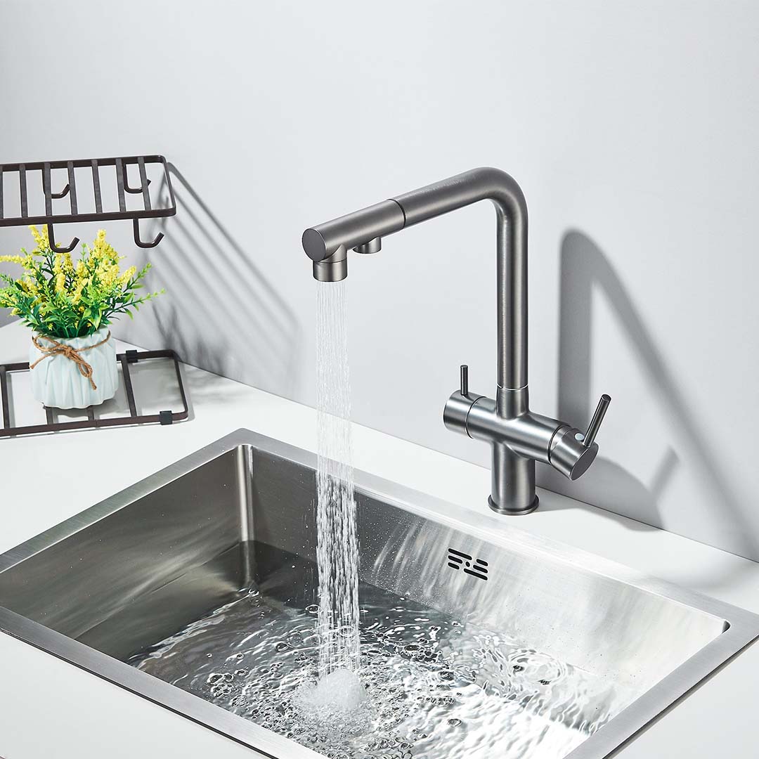 Baterie bucatarie cu 3 cai pentru filtru de purificare, argintiu periat, cod 1664