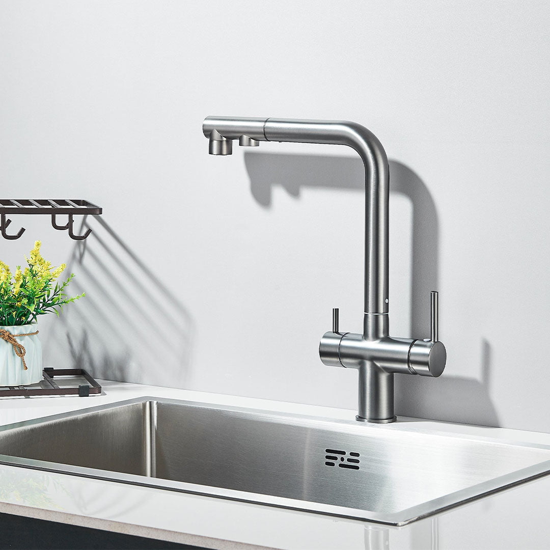 Baterie bucatarie cu 3 cai pentru filtru de purificare, argintiu periat, cod 1664