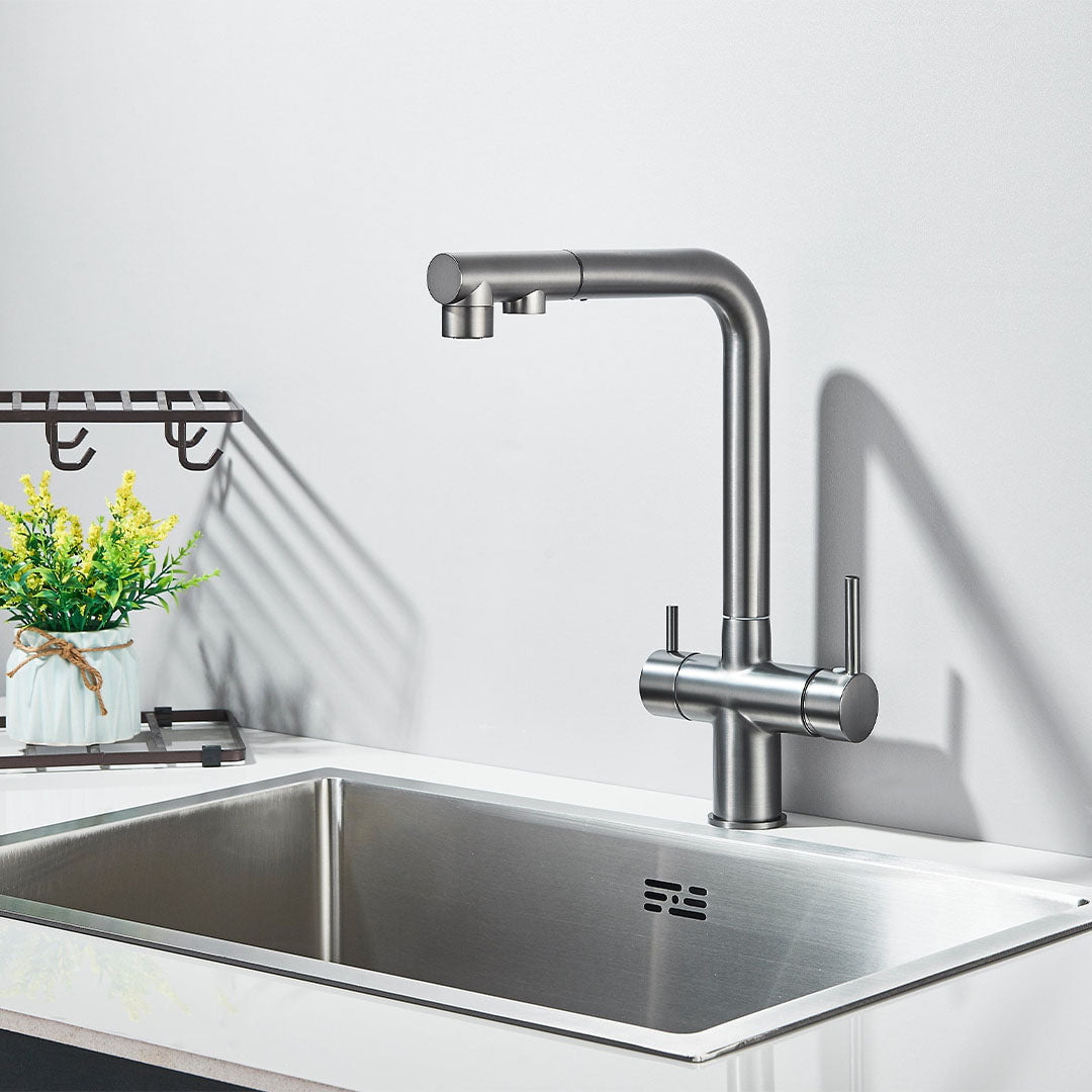 Baterie bucatarie cu 3 cai pentru filtru de purificare, argintiu periat, cod 1664