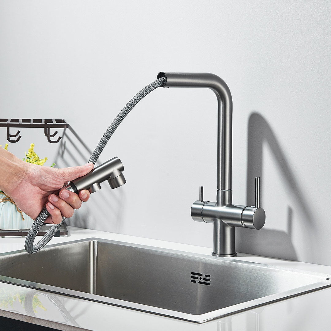 Baterie bucatarie cu 3 cai pentru filtru de purificare, argintiu periat, cod 1664