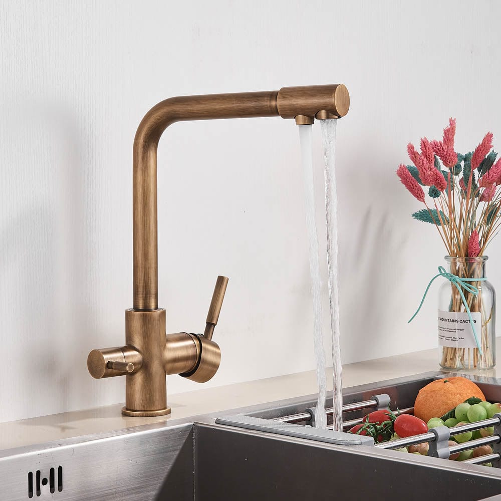 Baterie bucatarie cu 3 cai pentru filtru de purificare, auriu antichizat, cod 1211