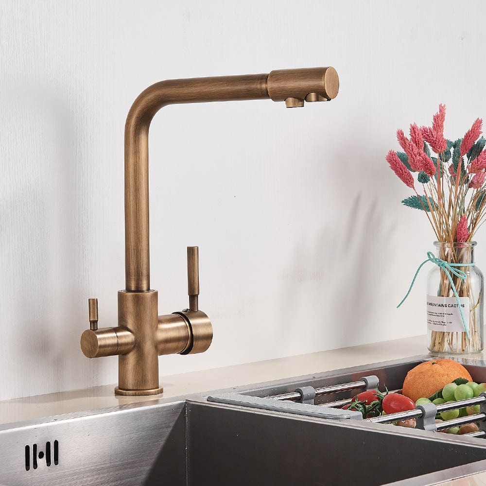 Baterie bucatarie cu 3 cai pentru filtru de purificare, auriu antichizat, cod 1211