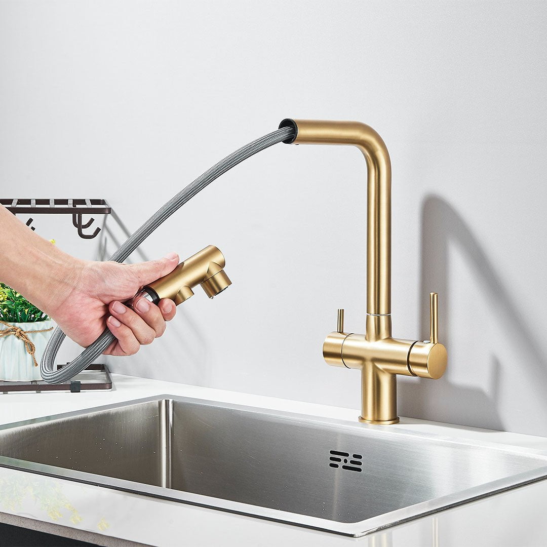 Baterie bucatarie cu 3 cai pentru filtru de purificare, auriu mat, cod 1662