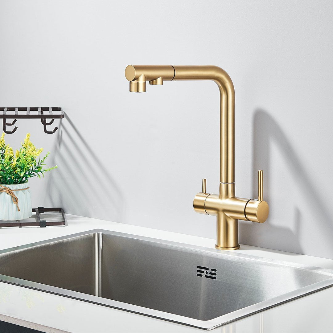 Baterie bucatarie cu 3 cai pentru filtru de purificare, auriu mat, cod 1662