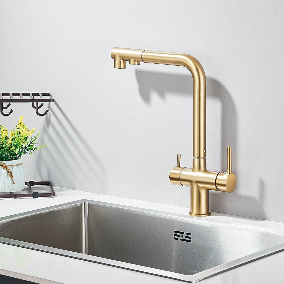 Baterie bucatarie cu 3 cai pentru filtru de purificare, auriu mat, cod 1662