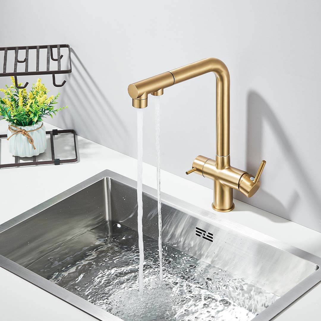 Baterie bucatarie cu 3 cai pentru filtru de purificare, auriu mat, cod 1662