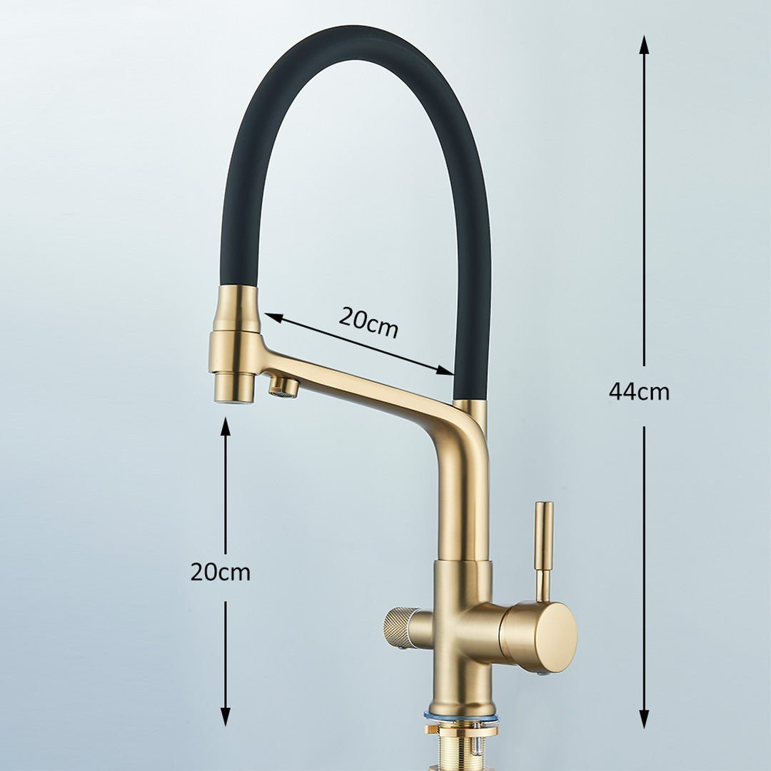 Baterie bucatarie cu 3 cai pentru filtru de purificare și 2 funcții de curgere a apei, auriu cu negru, cod 1533