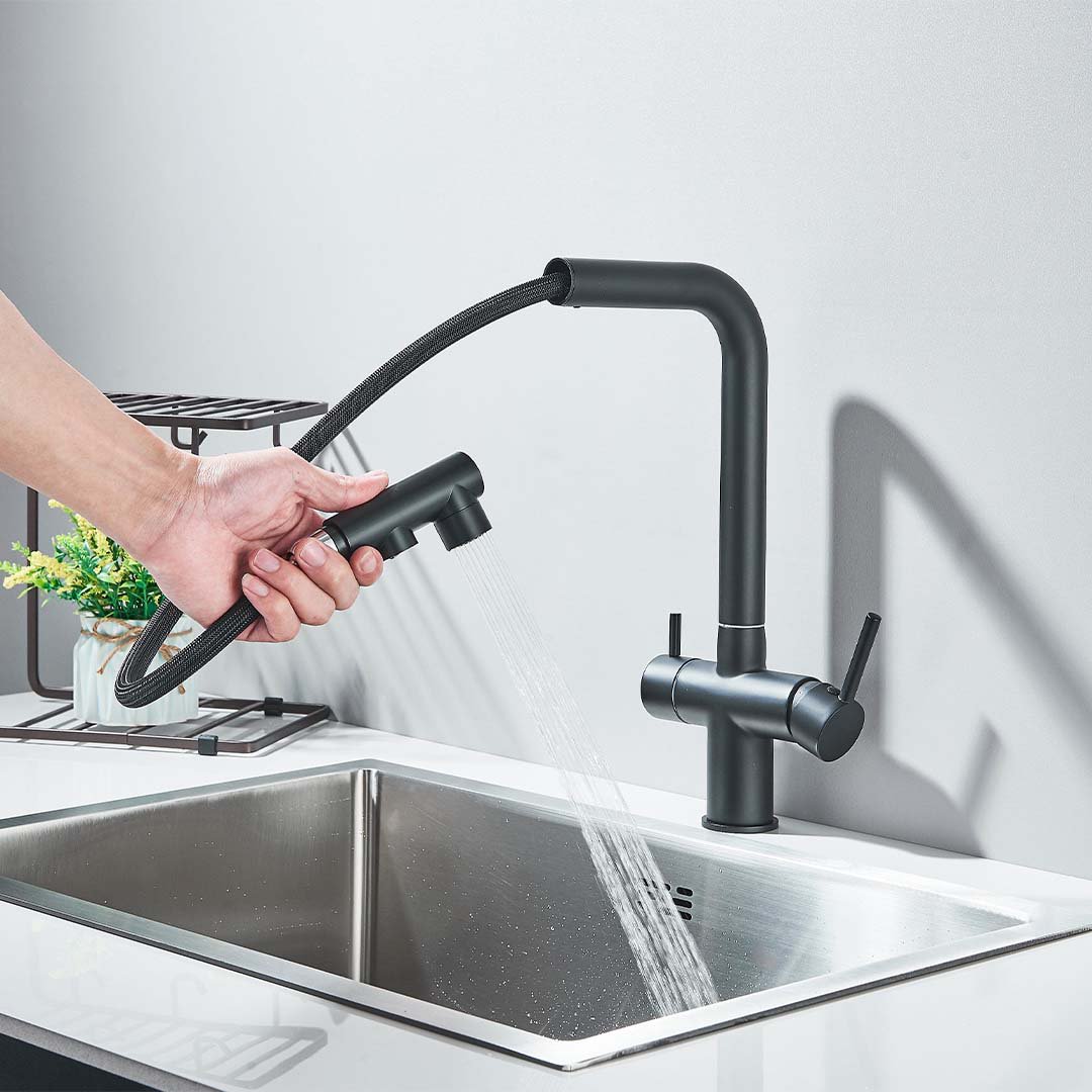 Baterie bucatarie cu 3 cai pentru filtru de purificare, negru mat, cod 1663