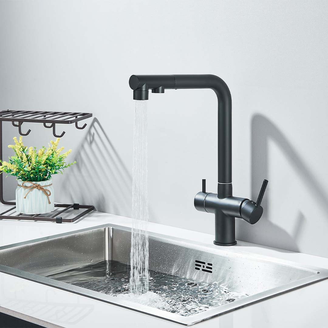 Baterie bucatarie cu 3 cai pentru filtru de purificare, negru mat, cod 1663