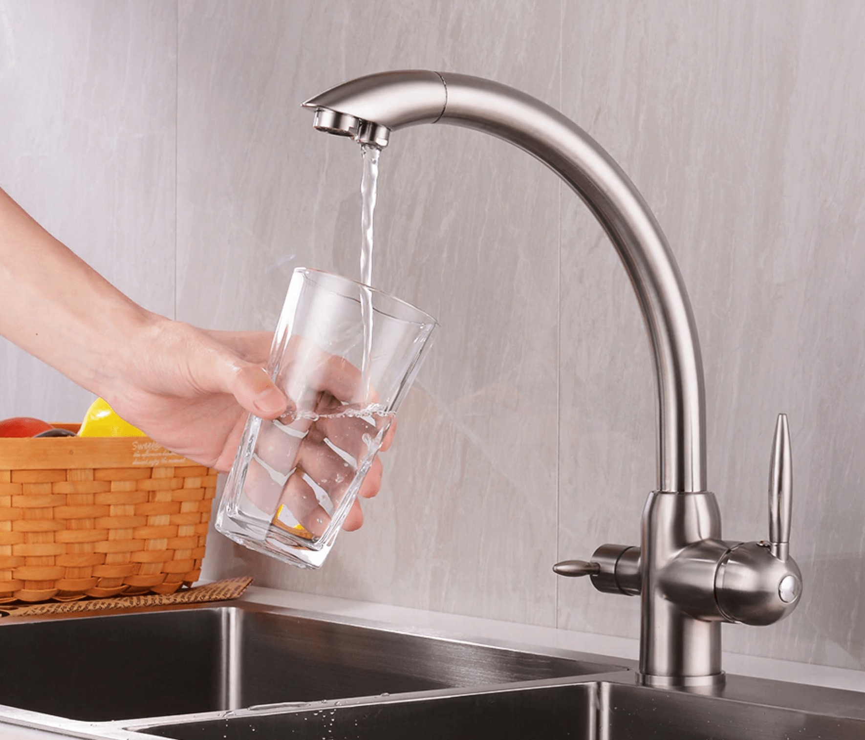 Baterie bucatarie cu 3 cai pentru filtru de purificare, nichelata, cod 1222