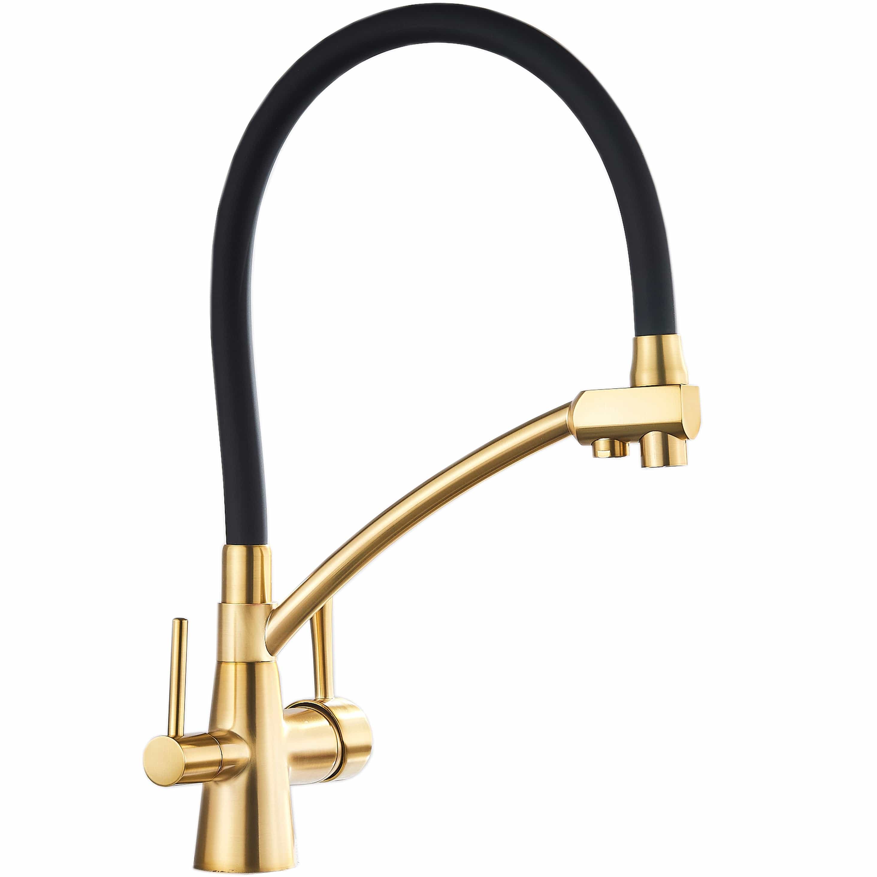 Baterie bucatarie cu 3 cai pentru filtru de purificare si 2 functii de curgere a apei, auriu cu negru, cod 1338