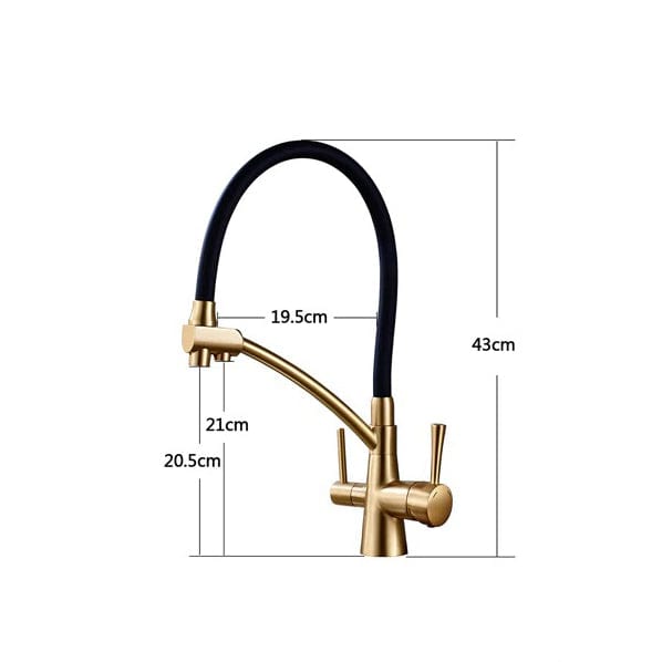 Baterie bucatarie cu 3 cai pentru filtru de purificare si 2 functii de curgere a apei, auriu cu negru, cod 1338