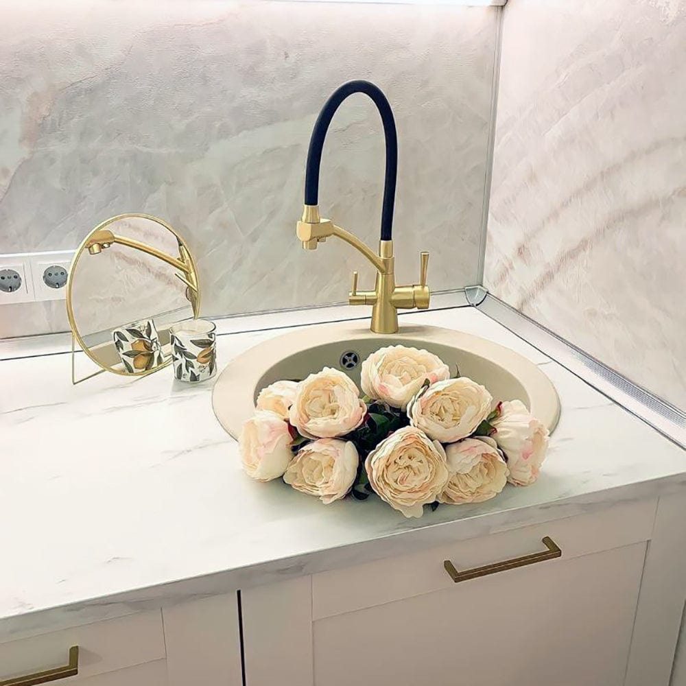 Baterie bucatarie cu 3 cai pentru filtru de purificare si 2 functii de curgere a apei, auriu cu negru, cod 1338