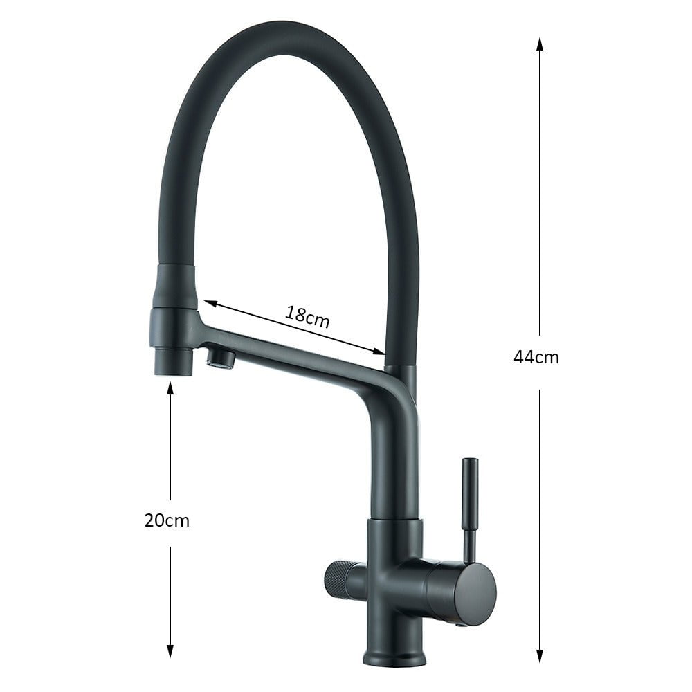 Baterie bucatarie cu 3 cai pentru filtru de purificare si 2 functii de curgere a apei, auriu/negru, cod 1667