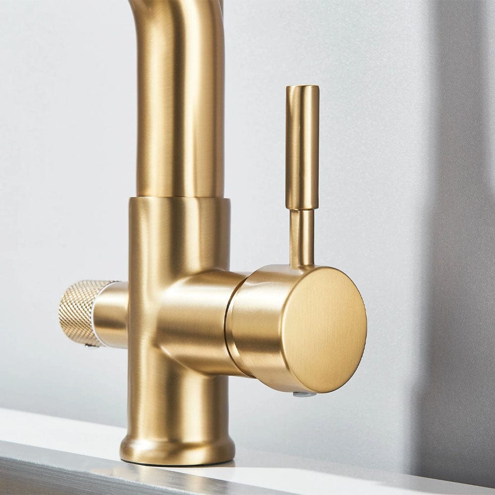 Baterie bucatarie cu 3 cai pentru filtru de purificare si 2 functii de curgere a apei, auriu/negru, cod 1667