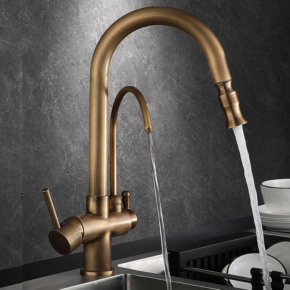 Baterie bucatarie cu 3 cai pentru filtru de purificare si dus extractibil, auriu antichizat, cod 1535