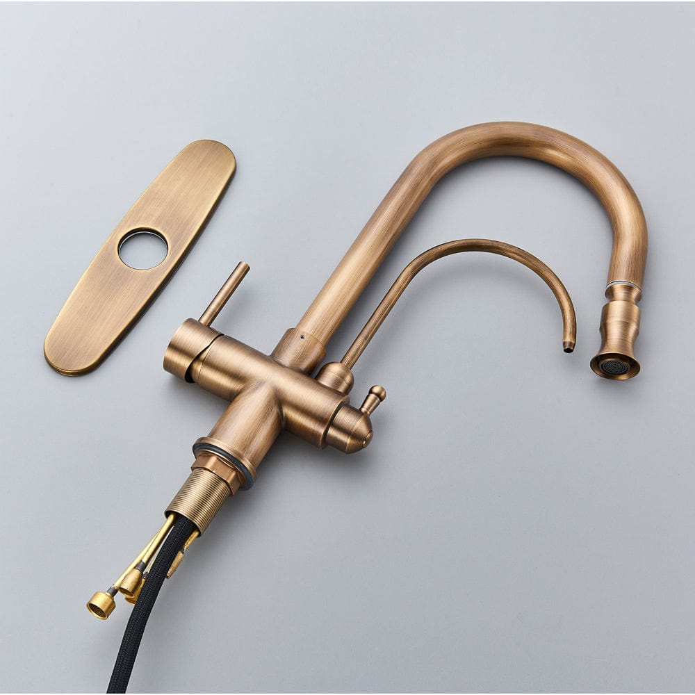 Baterie bucatarie cu 3 cai pentru filtru de purificare si dus extractibil, auriu antichizat, cod 1535