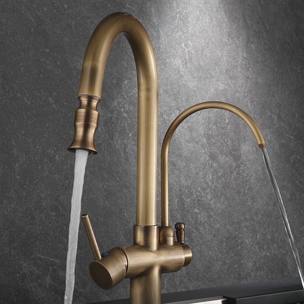 Baterie bucatarie cu 3 cai pentru filtru de purificare si dus extractibil, auriu antichizat, cod 1535