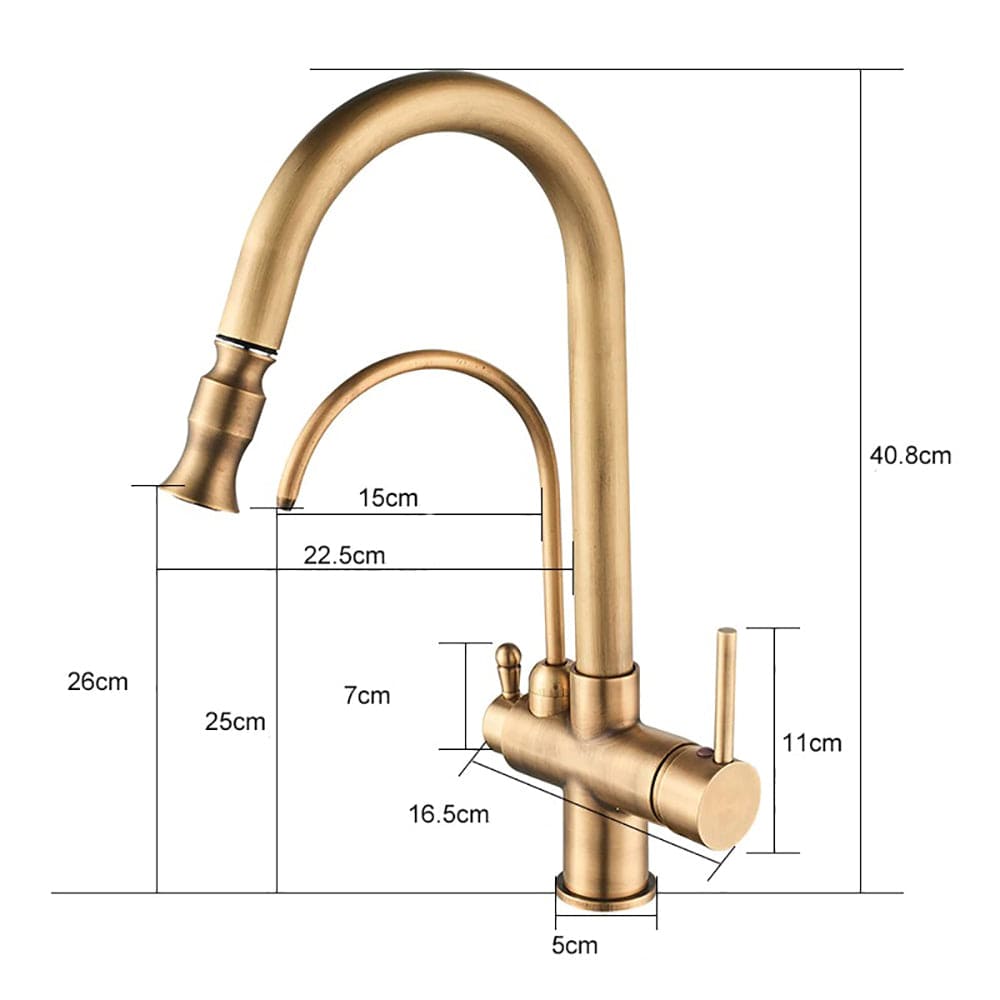 Baterie bucatarie cu 3 cai pentru filtru de purificare si dus extractibil, auriu antichizat, cod 1535