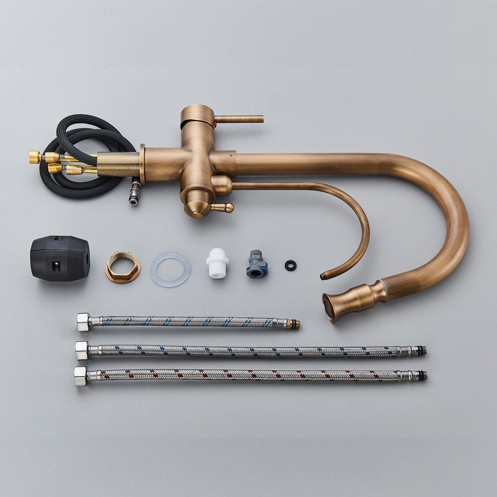 Baterie bucatarie cu 3 cai pentru filtru de purificare si dus extractibil, auriu antichizat, cod 1535