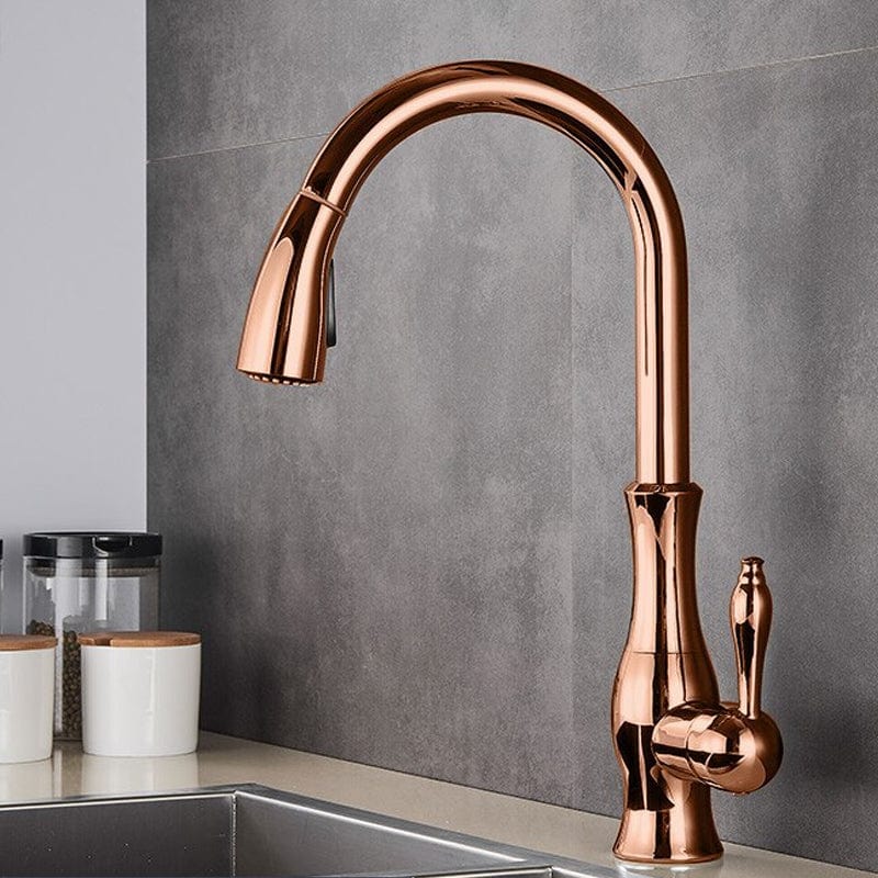 Baterie bucatarie culoare cupru, cu dus extractibil si 2 functii de curgere a apei, cod 1272