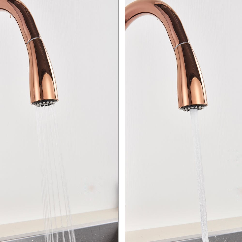 Baterie bucatarie culoare cupru, cu dus extractibil si 2 functii de curgere a apei, cod 1272