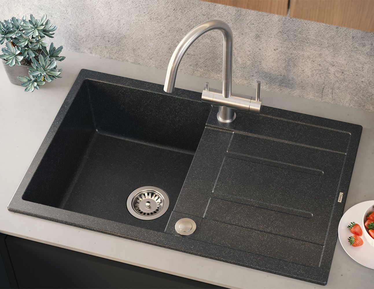 Baterie bucatarie Rea Caren, cu 3 cai pentru filtru de purificare, argintiu periat