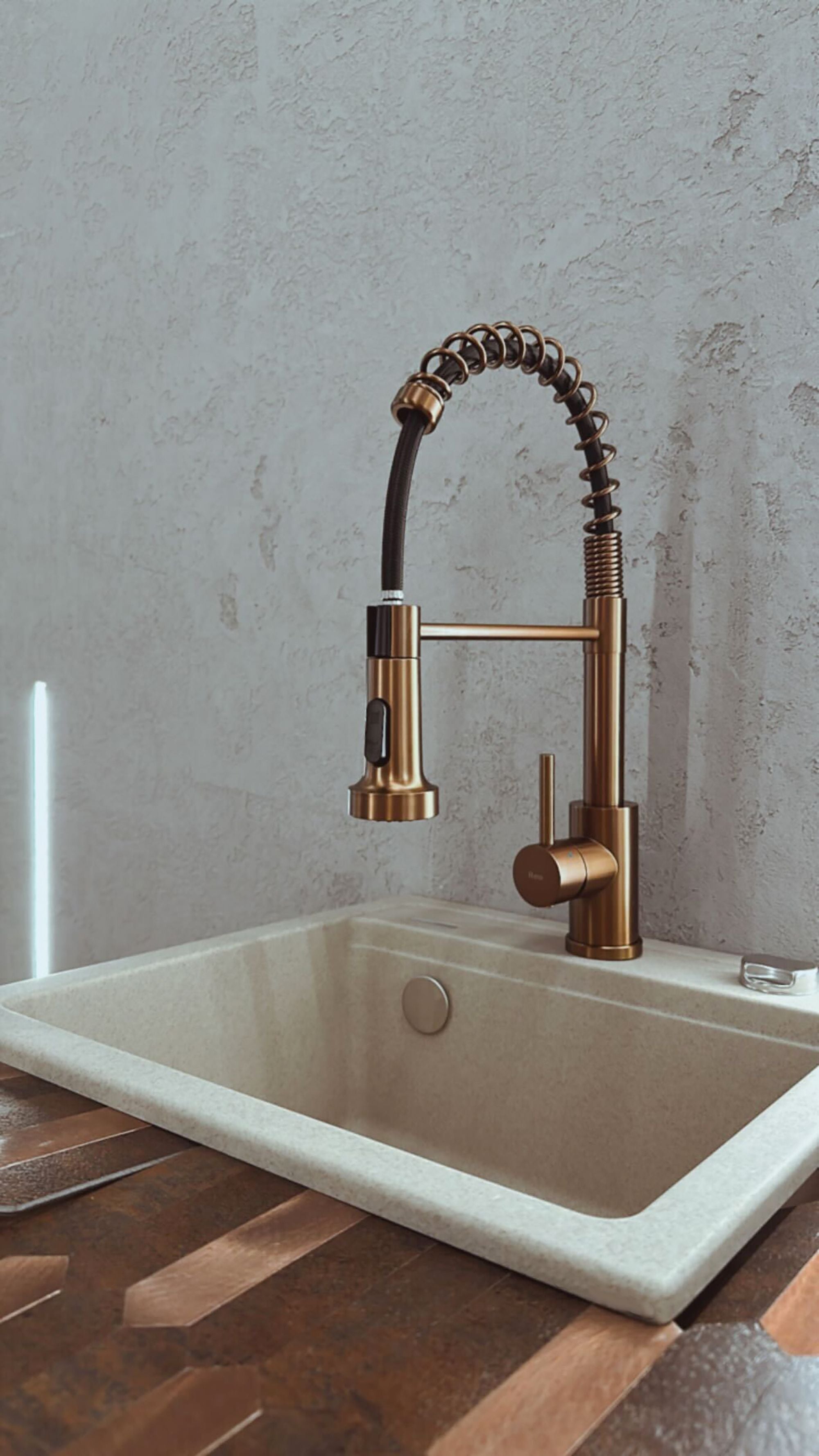 Baterie bucatarie Rea Colin, cu dus flexibil, 2 functii de curgere, cupru periat