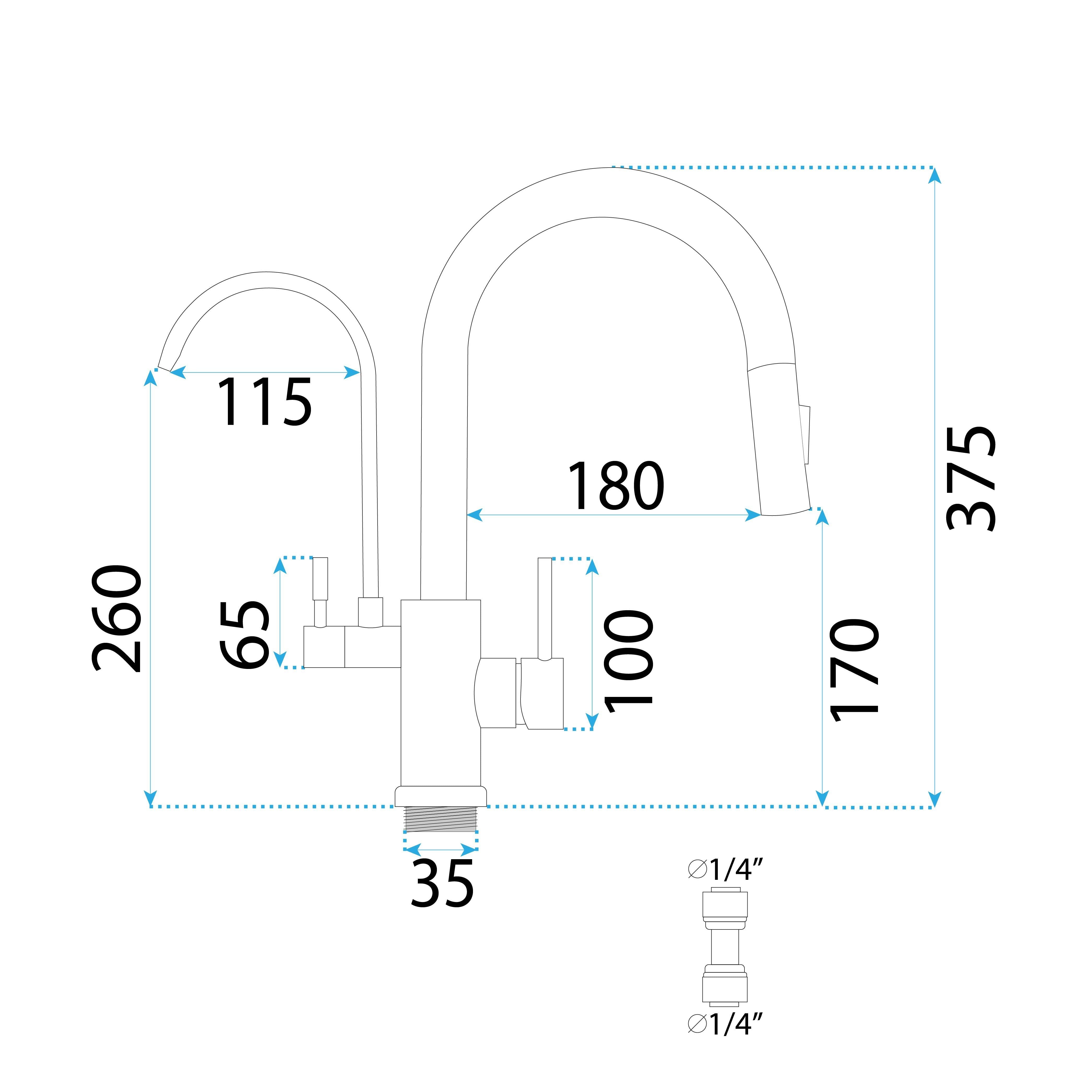 Baterie bucatarie Rea Eco Fresh, cu 3 cai pentru filtru de purificare si dus extractibil, auriu lucios