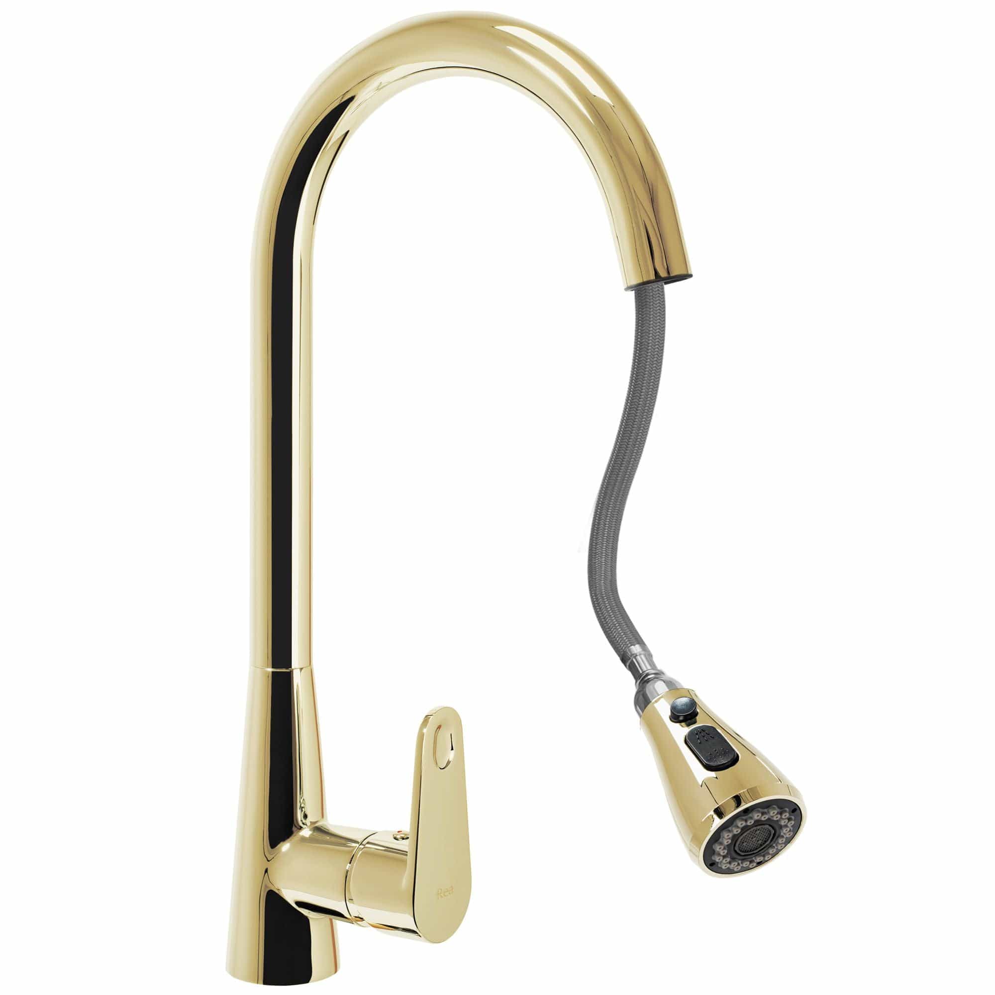 Baterie bucătărie Rea Mild auriu lucios cu duș extractibil și 2 funcții de curgere