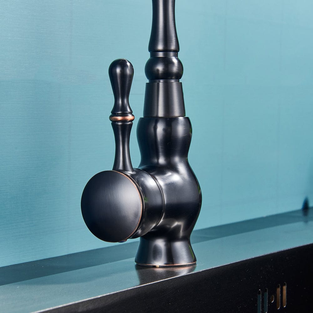 Baterie bucatarie retro, inalta, cu montare pe chiuveta sau blat, negru cu bronz pe margine, cod 1507