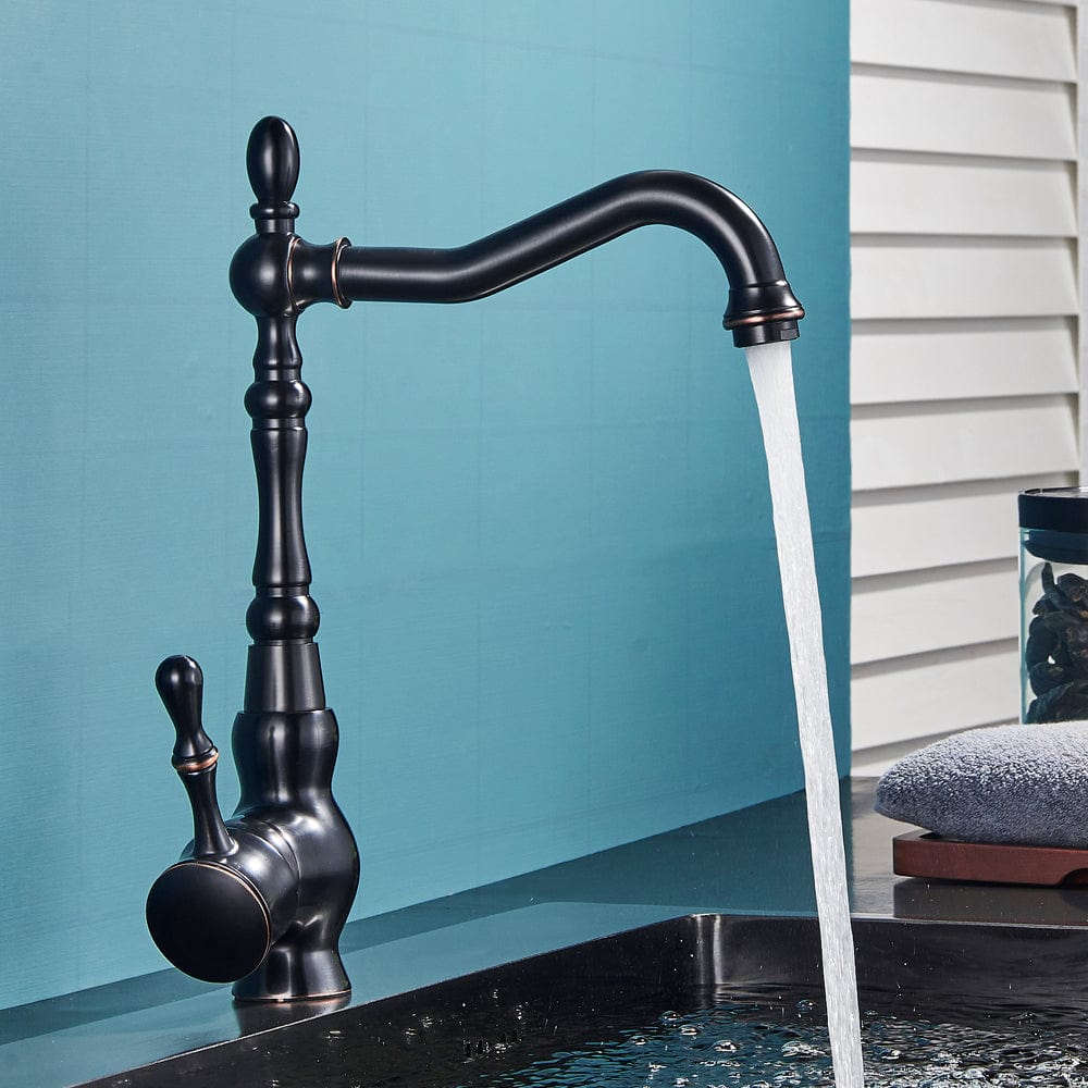 Baterie bucatarie retro, inalta, cu montare pe chiuveta sau blat, negru cu bronz pe margine, cod 1507