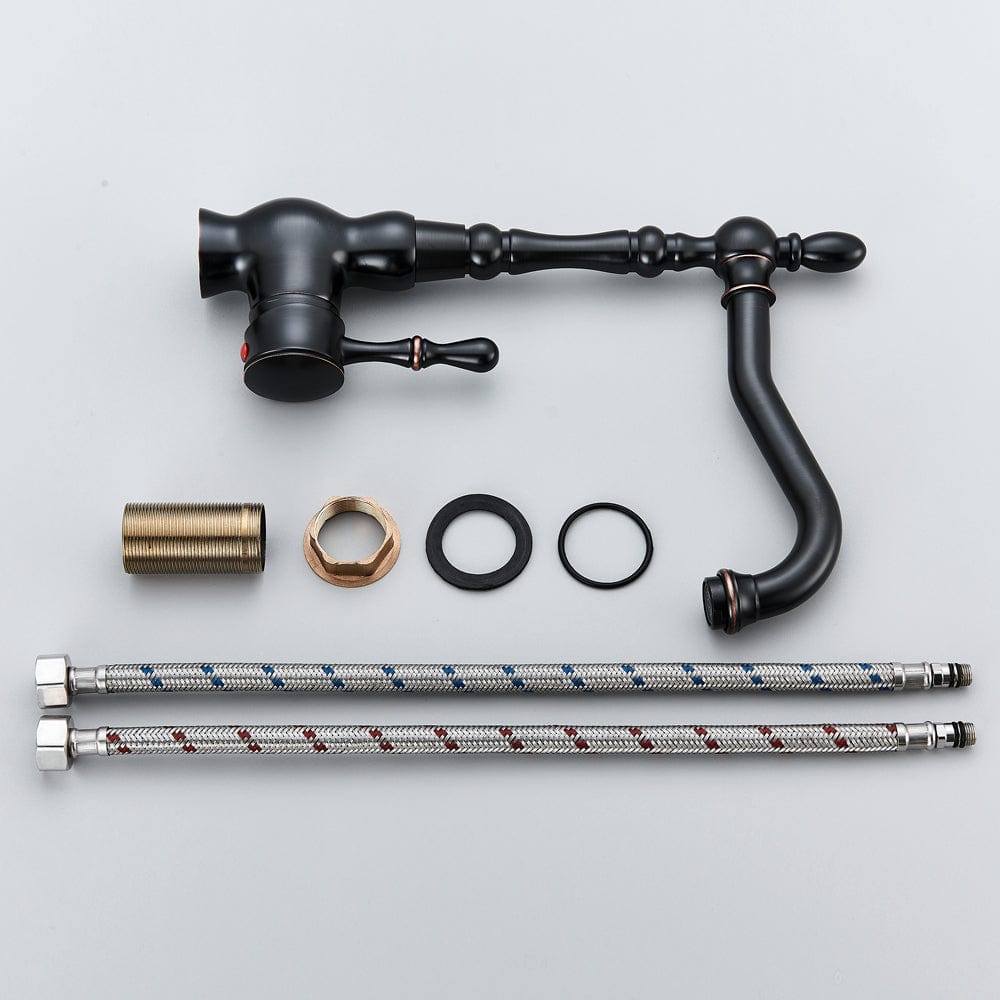 Baterie bucatarie retro, inalta, cu montare pe chiuveta sau blat, negru cu bronz pe margine, cod 1507