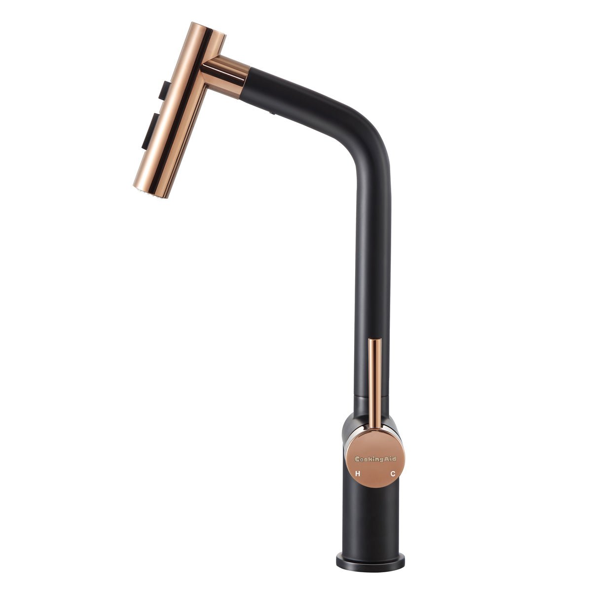 Baterie CookingAid Ferrara Black/Golden Rose cu furtun dus extractibil si buton schimbare dus/jet, culoare negru cu auriu roze